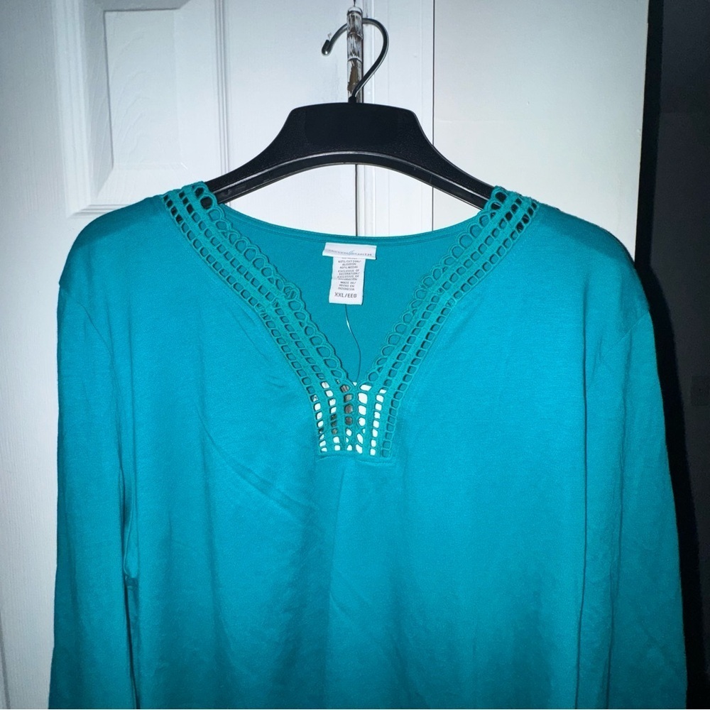 Jaclyn Smith NWT XXL Aqua Teal Green Crochet V-Neck Tunic Top Shirt Blouse Plus - Picture 4 of 13